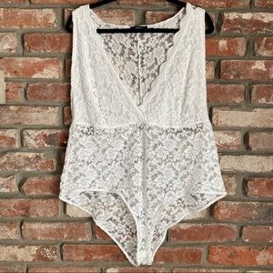 Ambiance Body Suit Floral Lace Sheer Button Closure Deep V-Neck Sleeveless